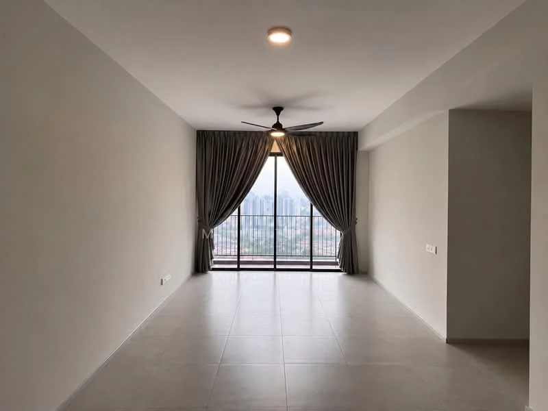 Living features: large floor-to-ceiling windows, grey curtains, 5-blade ceiling fan with light, neutral painted walls, tile flooring, recessed ceiling lights, open layout, city skyline view; style: modern; view: city.