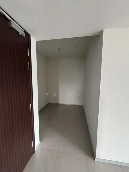 Room features: white painted walls, grey tile flooring, ceiling lights, door with wood finish, corner space; style: modern.