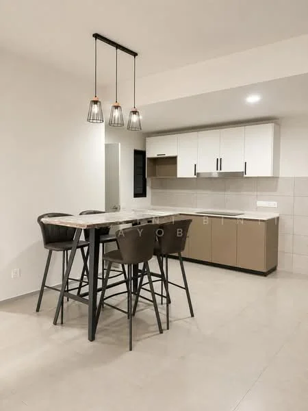 Kitchen features: marble countertop, white upper cabinets, brown lower cabinets, stainless-steel sink, chrome pull-down faucet, 3 pendant lights, tile backsplash, ceramic tile flooring, recessed downlights, bar stools, open layout; style: modern.