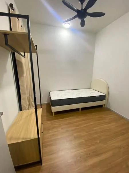 Bedroom features: wooden flooring, white painted walls, ceiling fan, single bed frame, mattress, open wardrobe with hanging space, wooden dresser, curtains; style: modern.