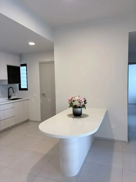 Kitchen features: white cabinetry, white countertop, single-bowl stainless-steel sink, black pull-down faucet, built-in oven, freestanding range oven, ceramic tile flooring, recessed downlights, open layout, kitchen island with seating, window with natural light; style: modern. Room features: light-colored walls, door leading to another room, neutral flooring.