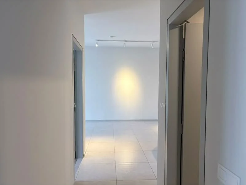 Room features: white painted walls, grey tiled flooring, recessed downlights, doorway, open space, neutral color palette, track lighting, smooth ceiling; style: modern.