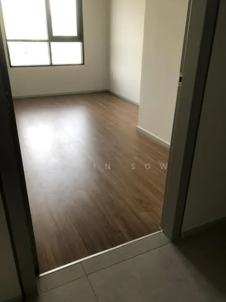 Room features: laminate flooring, white painted walls, large window, natural light, doorway, neutral color scheme; style: modern.
