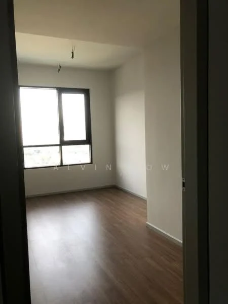 Room features: light wood laminate flooring, white painted walls, large window with black frame, no visible ceiling fixtures, empty room, minimal decor; style: modern; view: city.
