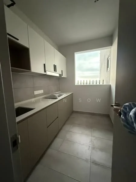 Kitchen features: white cabinetry, grey countertop, single-bowl stainless-steel sink, chrome pull-down faucet, ceramic tile flooring, window with metal grille, wall-mounted cabinets, built-in oven, stove with cooktop, neutral wall color, recessed lighting; style: modern.