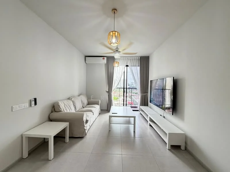 Living features: 3-seater fabric sofa in light beige, white coffee table, white TV console, wall-mounted TV, floor-to-ceiling windows, sheer curtains, ceiling fan with light, recessed downlights, light grey tiled flooring, decorative wall with minimal decor; style: modern; view: city.
