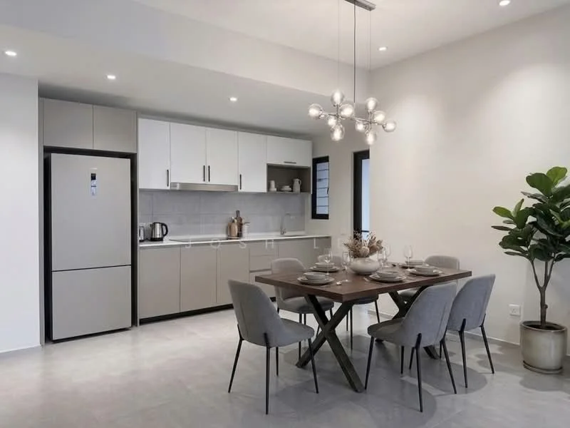 Kitchen features: stainless-steel fridge, grey cabinetry, white upper cabinets, grey backsplash, ceramic tile flooring, recessed downlights, kettle, built-in countertop, sink, chrome faucet; style: modern. Dining features: 6-seater dining table, wooden dining table with cross legs, upholstered dining chairs in grey, decorative centerpiece, table setting with plates and cutlery, pendant light fixture, potted plant; style: modern.