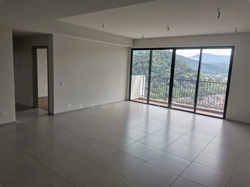Living features: large floor-to-ceiling windows, balcony access, neutral painted walls, tile flooring, mountain view, recessed ceiling lights, open layout, no visible furniture; style: modern; view: mountain.
