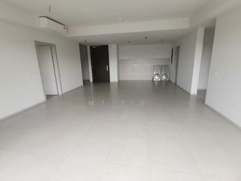 Room features: light grey tiled flooring, white painted walls, ceiling with recessed lighting, wall-mounted split AC unit, open layout, large windows, no visible furniture, neutral color scheme; style: modern.