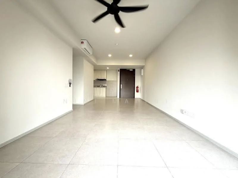 Living features: light grey tiled flooring, white painted walls, 5-blade ceiling fan, wall-mounted split AC, recessed downlights, open layout to kitchen, fire extinguisher mounted on wall, door leading to hallway; style: modern.