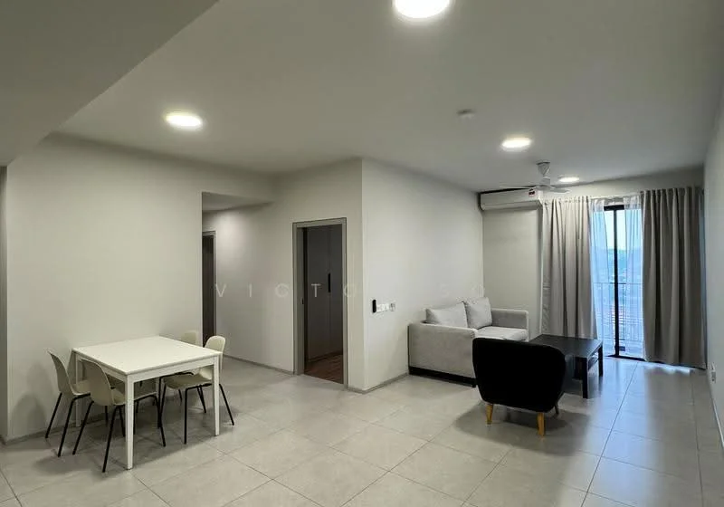 Living features: grey fabric sofa, coffee table, floor-to-ceiling windows, curtains, recessed downlights, wall-mounted split AC, tile flooring, white painted walls; style: modern; view: city. Dining features: 4-seater dining table, white chairs, tile flooring, white painted walls; style: modern.