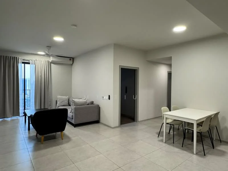 Living features: grey fabric sofa, black armchair, white dining table, four dining chairs, floor-to-ceiling windows, sheer curtains, wall-mounted split AC, recessed downlights, light grey tiled flooring, neutral painted walls; style: modern; view: city. Room features: doorway leading to hallway, doorway leading to another room.
