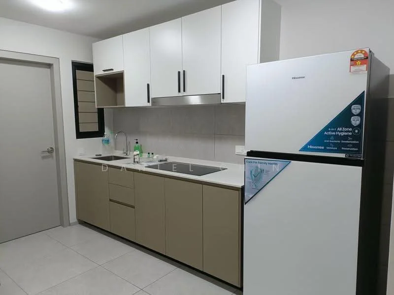 Kitchen features: white upper cabinets, beige lower cabinets, stainless-steel sink, chrome pull-down faucet, built-in oven, freestanding fridge, ceramic tile flooring, grey tiled backsplash, countertop with storage, window above sink, LED ceiling light; style: modern.