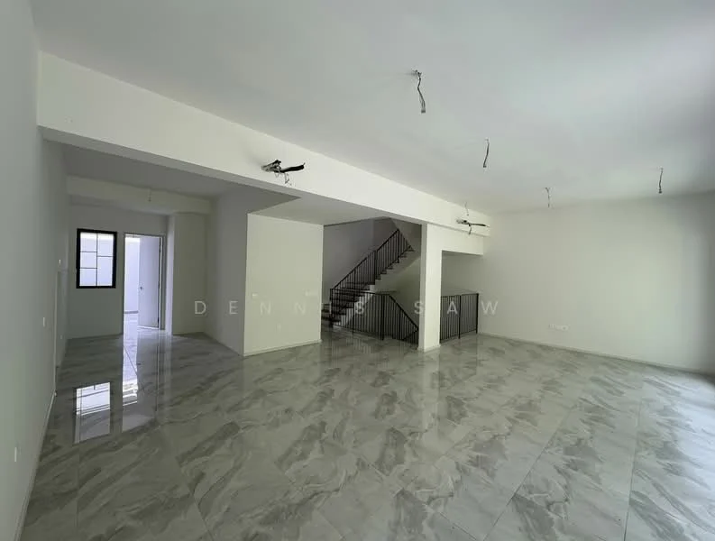Room features: grey marble tile flooring, white painted walls, exposed ceiling with electrical wiring, staircase with black railing, large window for natural light, open layout, high ceiling; style: modern.