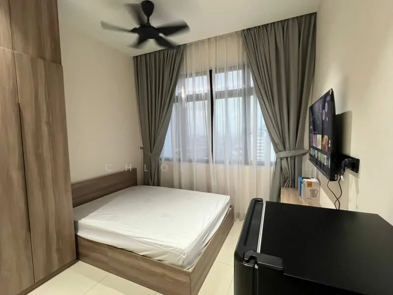 Bedroom features: queen-size bed, wooden bed frame, built-in wardrobe with wood finish, floor-to-ceiling windows, sheer curtains, blackout curtains, ceiling fan, wall-mounted TV, black fridge, light-colored walls, tile flooring; style: modern; view: city.