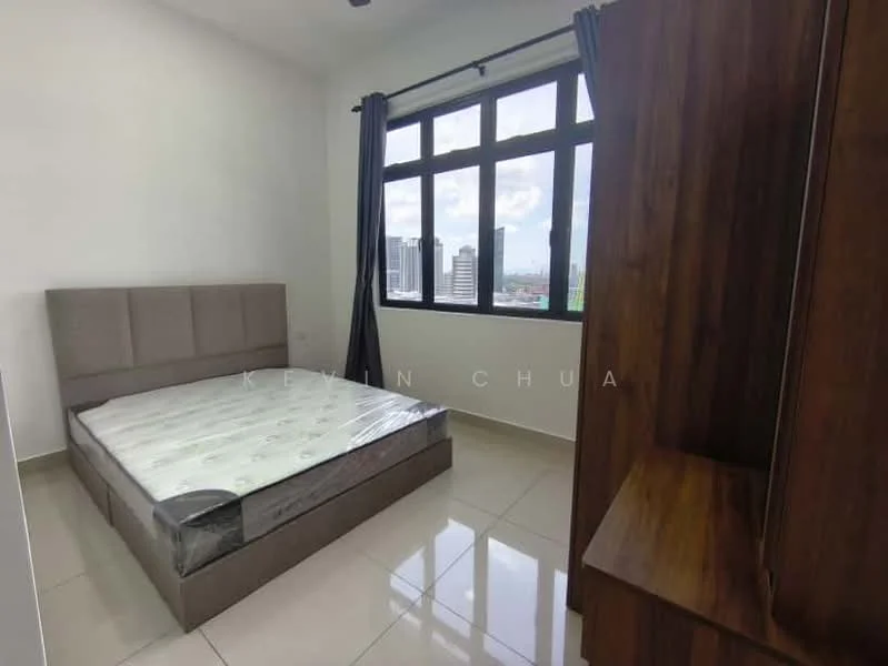 Bedroom features: queen-size bed with upholstered headboard, white walls, floor-to-ceiling windows, blackout curtains, glossy tile flooring, built-in wardrobe, decorative wall, city view; style: modern; view: city.