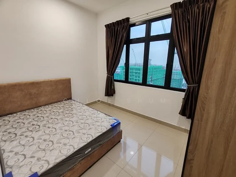 Bedroom features: queen-size bed, brown upholstered headboard, white painted walls, floor-to-ceiling windows, dark brown curtains, glossy tile flooring, built-in wardrobe, decorative wall pattern; style: modern; view: city.