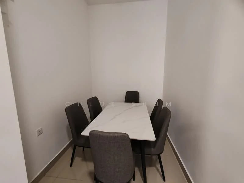 Dining features: marble dining table, 6-seater dining table, upholstered dining chairs in grey, white painted walls, tile flooring, minimalist decor; style: modern.