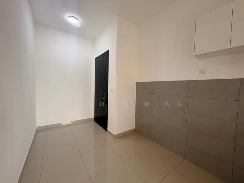 Room features: white painted walls, grey tiled wall, glossy beige floor tiles, black door, ceiling light fixture, wall-mounted cabinet; style: modern.