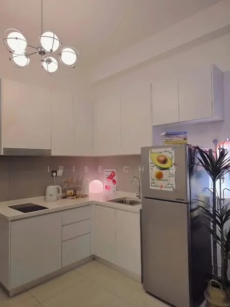 Kitchen features: white cabinetry, stainless-steel fridge, single-bowl stainless-steel sink, chrome pull-down faucet, white countertop, built-in oven, ceramic tile flooring, pendant light fixture, wall-mounted cabinets, kitchen appliances, decorative plant; style: modern.