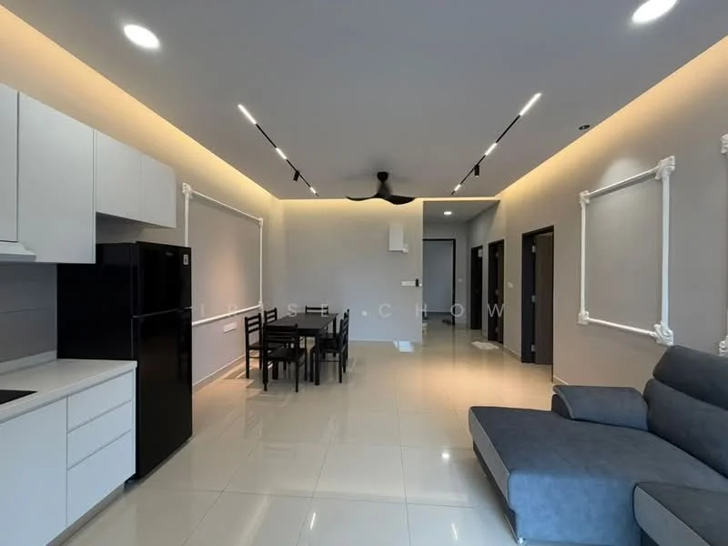 Living features: grey fabric sectional sofa, black dining table with four chairs, white cabinetry, black refrigerator, recessed LED downlights, ceiling fan, white painted walls, glossy tile flooring, wall-mounted air conditioning unit, decorative wall moulding; style: modern.
