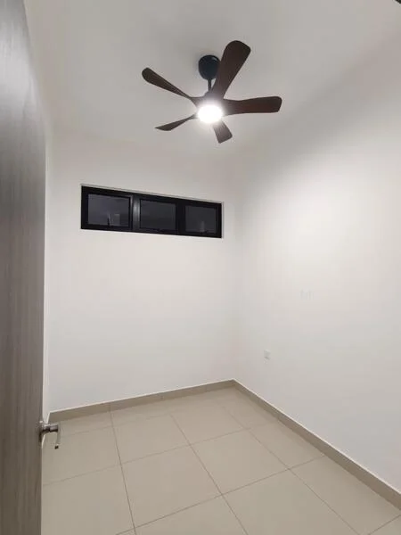 Room features: white painted walls, tile flooring, 5-blade ceiling fan with light, single window, door, neutral color scheme; style: modern.