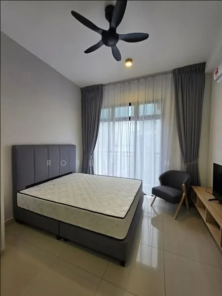 Bedroom features: king-size bed, upholstered headboard, 5-blade ceiling fan with light, floor-to-ceiling window, sheer curtains, wall-mounted TV, wooden TV console, tile flooring, neutral wall color, decorative wall art; style: modern.