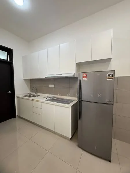 Kitchen features: white shaker cabinets, single-bowl stainless-steel sink, chrome pull-down faucet, granite countertop, ceramic tile backsplash, stainless-steel fridge, built-in oven, 4-burner gas hob, wall-mounted range hood, grey tiled flooring, recessed downlights, white painted walls; style: modern.