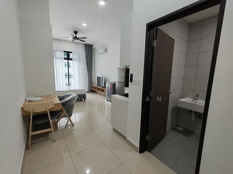 Living features: floor-to-ceiling windows, white painted walls, cream tiled flooring, 5-blade ceiling fan, dining table with 2 chairs, grey fabric sofa, refrigerator, air conditioning unit; style: modern; view: city. Bathroom features: white tiled walls, grey tiled flooring, sink with chrome faucet, toilet, mirror; style: modern.