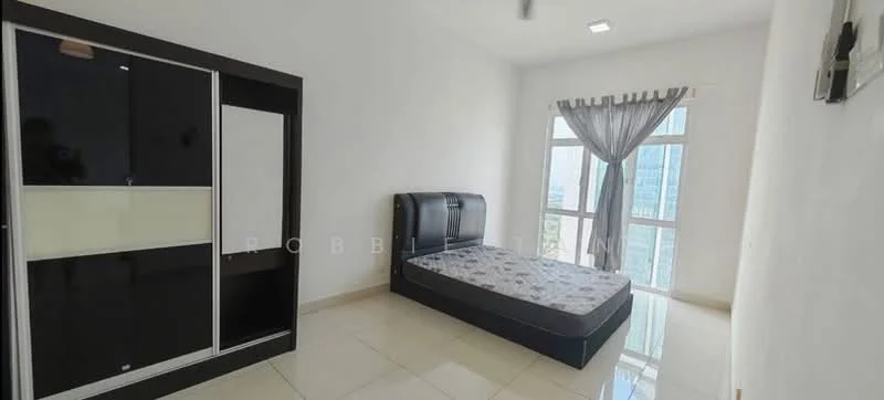 Bedroom features: queen-size bed, upholstered headboard, built-in wardrobe with sliding doors, floor-to-ceiling windows, sheer curtains, white painted walls, tile flooring, ceiling fan, decorative wall art; style: modern; view: city.