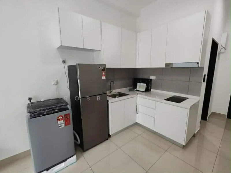 Kitchen features: white cabinetry, grey tiled backsplash, stainless-steel fridge, built-in oven, stainless-steel sink, chrome pull-down faucet, ceramic cooktop, microwave, countertop with storage, tile flooring, wall-mounted cabinets, under-cabinet lighting; style: modern.