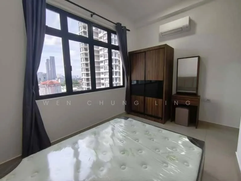 Bedroom features: floor-to-ceiling windows, grey curtains, queen-size bed with mattress, wooden wardrobe with sliding doors, wooden dressing table with mirror, air conditioning unit, light-colored walls, tile flooring; style: modern; view: city.