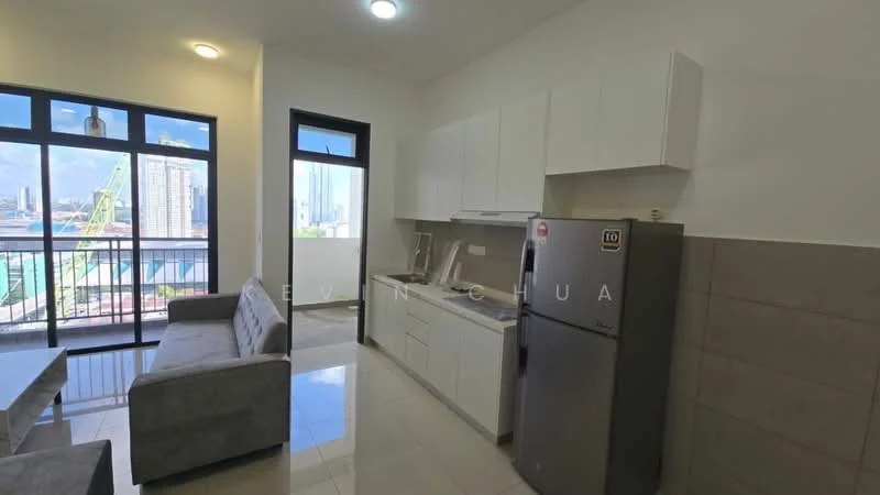 Kitchen features: white cabinetry, stainless-steel fridge, built-in oven, 4-burner gas hob, white countertop, ceramic tile flooring, floor-to-ceiling windows, city view, grey tiled backsplash, sofa in grey fabric, dining table, recessed downlights; style: modern; view: city.