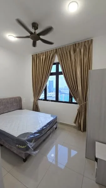 Bedroom features: queen-size bed, upholstered headboard, floor-to-ceiling windows, sheer curtains, drapes, ceiling fan, light-colored walls, glossy tile flooring, built-in wardrobe; style: modern; view: city.