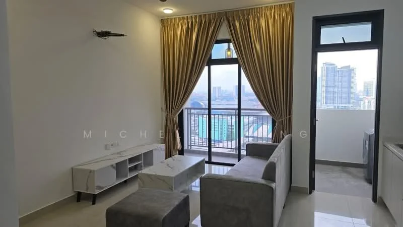 Living features: floor-to-ceiling windows, grey fabric sofa, marble coffee table, curtains in gold, wall-mounted light fixture, light-colored walls, tile flooring, city skyline view; style: modern; view: city.