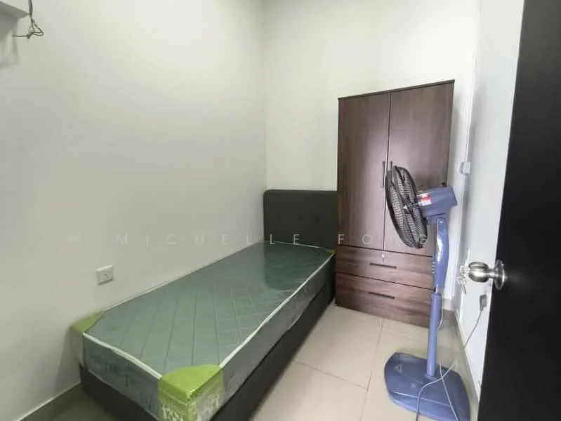 Bedroom features: single bed with mattress, wooden wardrobe, standing fan, floor fan, cream painted walls, tile flooring, window with no visible treatment, light fixture on ceiling.