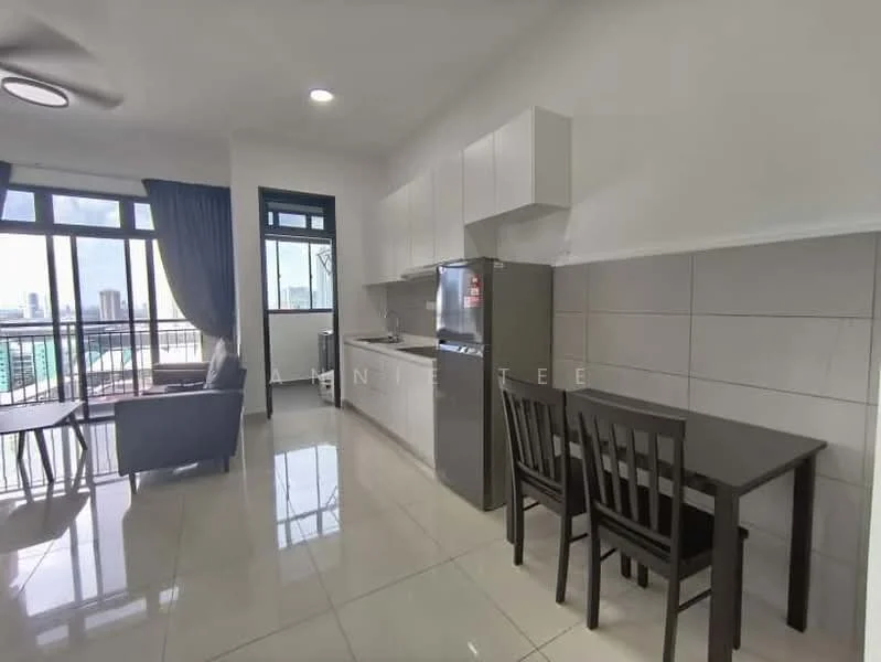 Kitchen features: white cabinetry, stainless-steel fridge, built-in oven, ceramic tile flooring, grey tiled backsplash, single-bowl stainless-steel sink, chrome pull-down faucet, 4-burner gas hob, recessed downlights, floor-to-ceiling windows, open layout to living area, dining table with chairs, sofa in living area; style: modern; view: city.