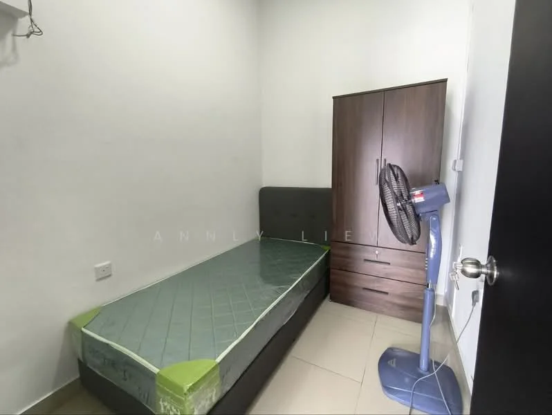 Bedroom features: single bed with mattress, wooden wardrobe, floor fan, white painted walls, tile flooring, window with no visible treatment.