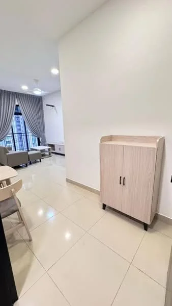 Room features: light-colored tiled flooring, white painted walls, curtains in grey, built-in cabinet in light wood, recessed downlights, floor-to-ceiling windows, view of city skyline, open layout; style: modern; view: city.