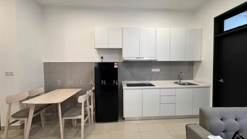 Kitchen features: white flat-panel cabinets, black fridge, stainless-steel single-bowl sink, chrome pull-down faucet, grey ceramic tile backsplash, white countertop, 4-burner gas hob, built-in oven, dining table with 4 chairs, light grey upholstered chairs, tile flooring; style: modern.