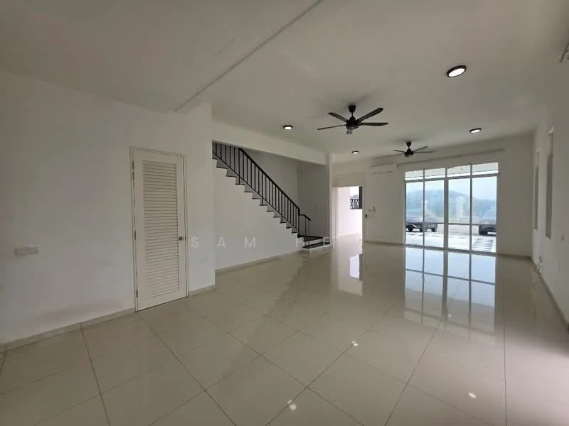 Living features: white painted walls, glossy ceramic tile flooring, 2 ceiling fans, large floor-to-ceiling windows, sliding glass door, natural light, open layout, staircase with metal railing; style: modern; view: mountain.
