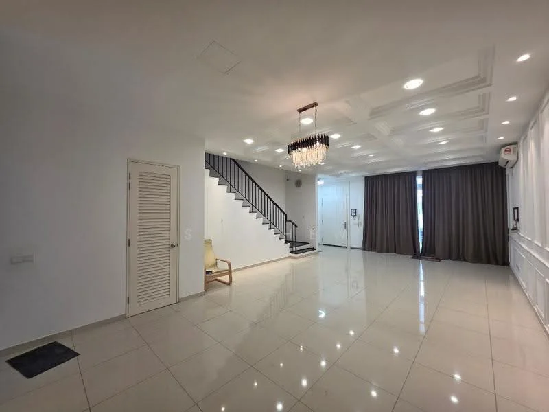 Living features: white painted walls, glossy ceramic tile flooring, tray ceiling with recessed lighting, chandelier, floor-to-ceiling windows with curtains, staircase with black railing, air conditioning unit, door leading to another room, decorative wall paneling, neutral color palette; style: modern.
