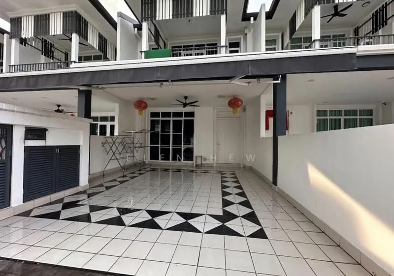 Exterior type: semi-detached house; features: tiled flooring with black and white geometric pattern, covered porch area, two ceiling fans, white painted walls, black and white railing, decorative lanterns, open space for parking, windows with white frames; style: modern.