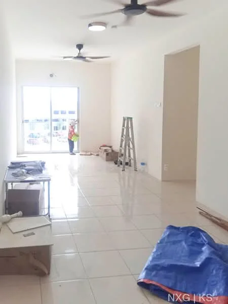 Room features: white painted walls, glossy tile flooring, 2 ceiling fans, sliding glass door, floor-to-ceiling windows, natural light, unfinished space, boxes and construction materials.