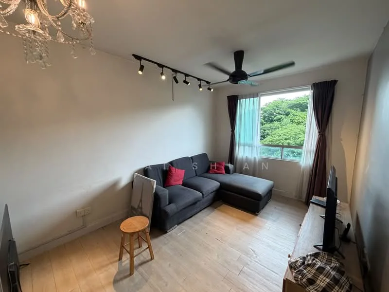 Living features: 3-seater fabric sofa in grey, L-shape sectional sofa, wooden flooring, chandelier, 5-blade ceiling fan with light, floor-to-ceiling window, curtains in blue, TV console, wall-mounted TV, decorative wall with light fixtures; style: modern; view: garden.