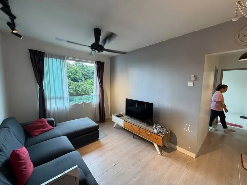 Living features: grey painted walls, wooden flooring, 5-blade ceiling fan, floor-to-ceiling windows, sheer curtains, dark grey fabric sofa with red cushions, wooden TV console, wall-mounted TV, decorative wall light, area rug; style: modern; view: garden.
