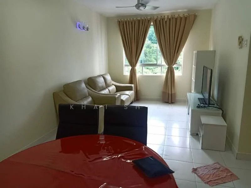 Living features: 2-seater leather sofa in beige, floor-to-ceiling windows, curtains in light brown, white TV console, wall-mounted TV, ceiling fan, white tiled flooring, decorative wall lighting; style: modern; view: garden.