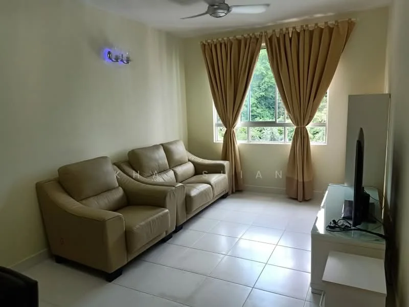 Living features: 2-seater leather sofa in beige, 3-seater leather sofa in beige, white walls, light-colored tiled flooring, ceiling fan, floor-to-ceiling windows, curtains in beige, TV console in white, wall-mounted TV; style: modern; view: garden.