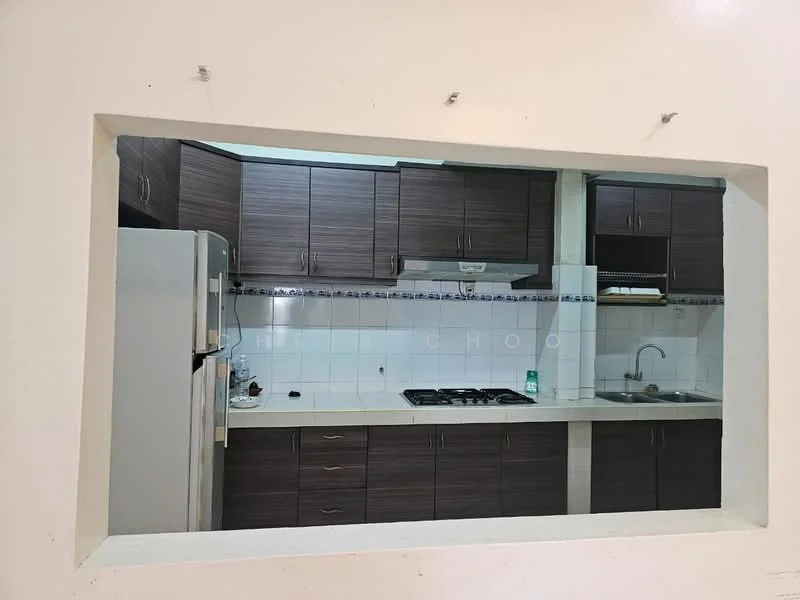 Kitchen features: dark wood cabinetry, white countertop, double-bowl stainless-steel sink, chrome pull-down faucet, built-in gas stove with 4 burners, built-in range hood, white tiled backsplash, refrigerator, wall-mounted cabinets, open layout to living area; style: modern.