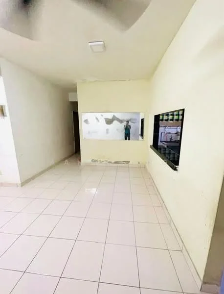 Room features: white painted walls, tile flooring, ceiling light, large window opening, mirror on wall, corner wall with unfinished surface, open space layout.